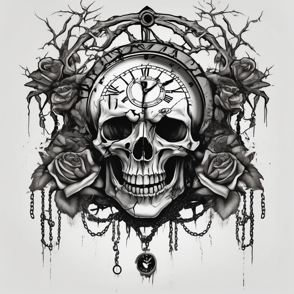 tattoo fool sleeve, tree roots break out of the chains, broken mask, clock with flying numbers, girl, skull, roses hello kitty tattoo, AI-generated Blackwork tattoo design